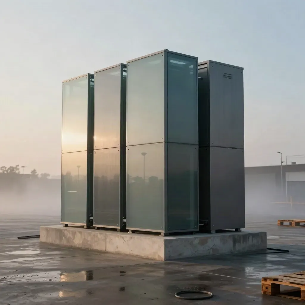 Smoked-glass supply chain forecast suite on a misty loading bay at dawn