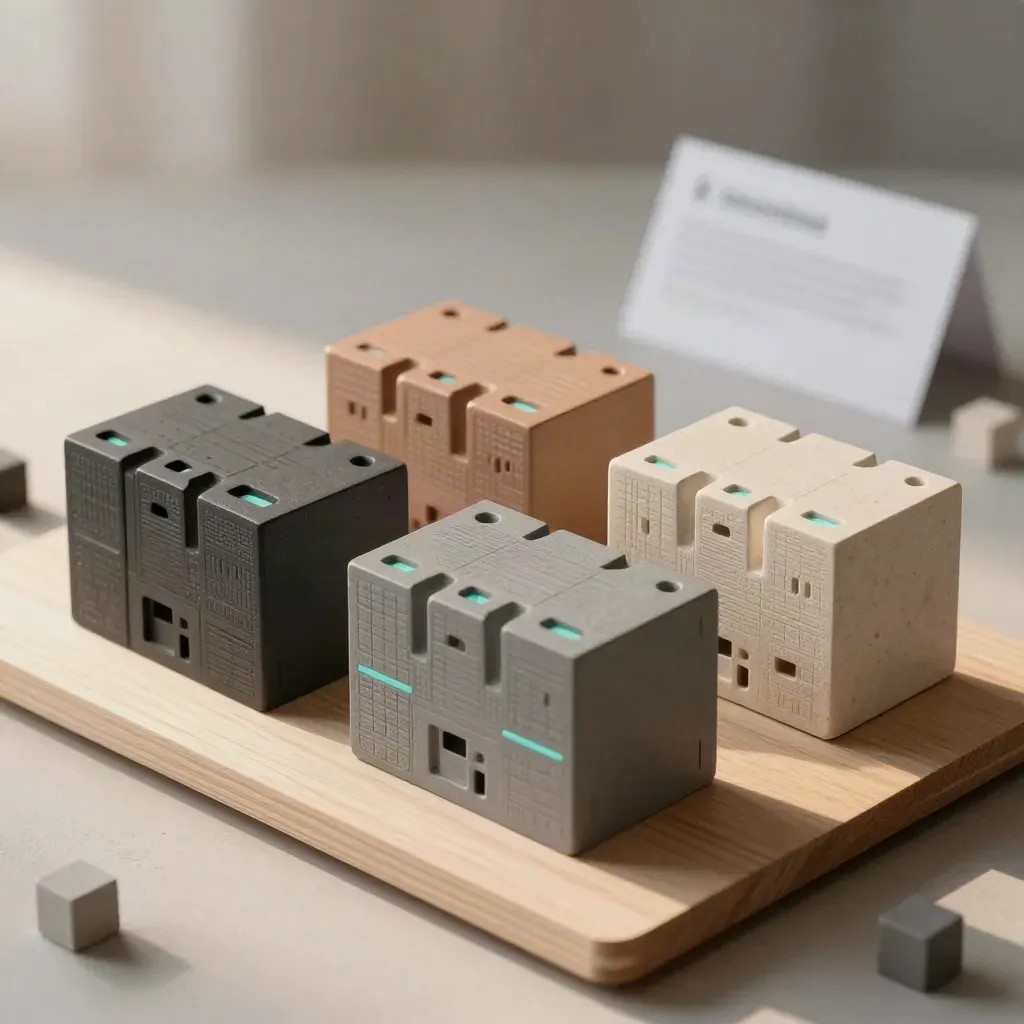 Three matte stock-plan modules on pale wood with teal accents and misty dawn light.