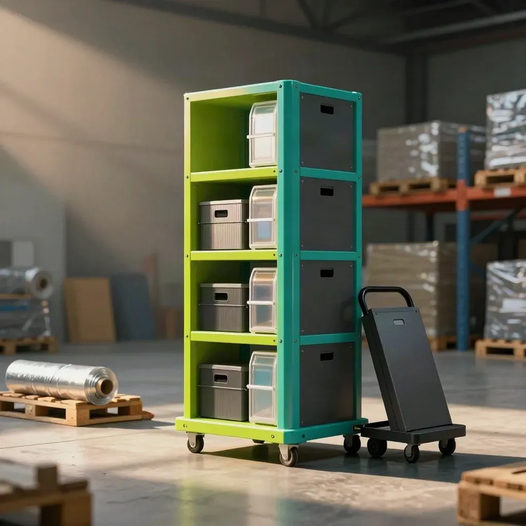 Vivid teal-and-lime warehouse control tower in a hazy logistics setting