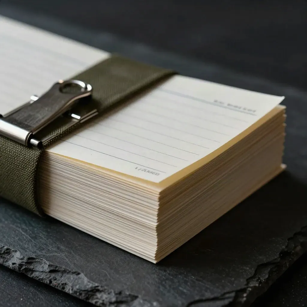 Macro of a clamped bundle of ledger cards wrapped in dark cloth on stone with haze and rim light