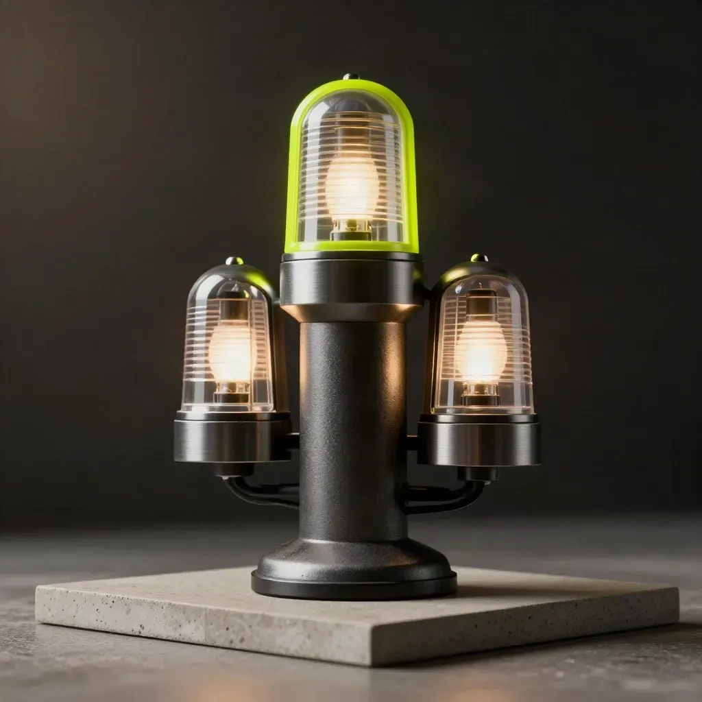 Lime-edged stock alert totem with two modules on a dark concrete plinth