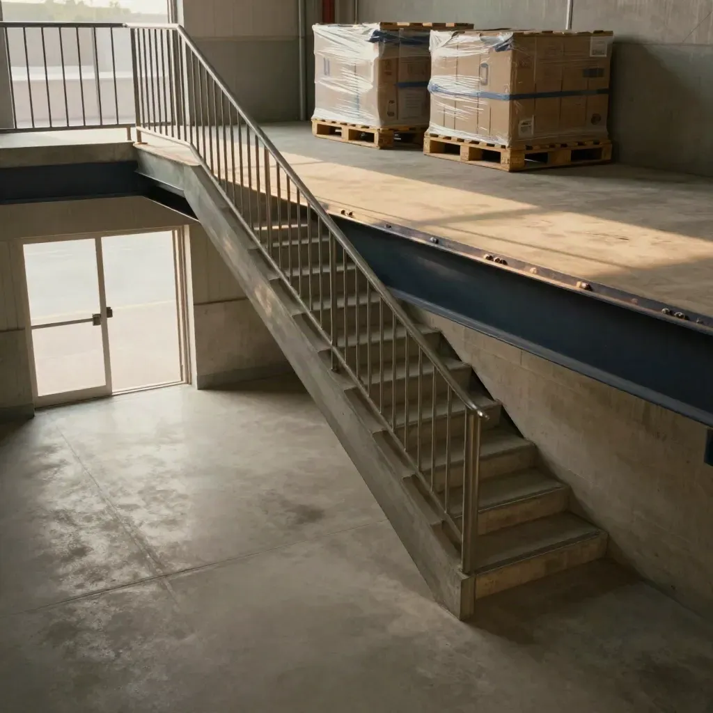 Mezzanine view of an industrial stair landing above a calm concrete floor and open loading bay.
